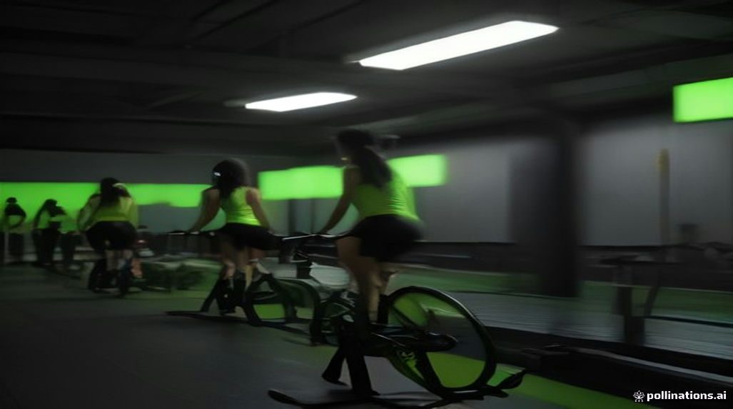 Turma de aula coletiva de spinning pedalando em ritmo forte