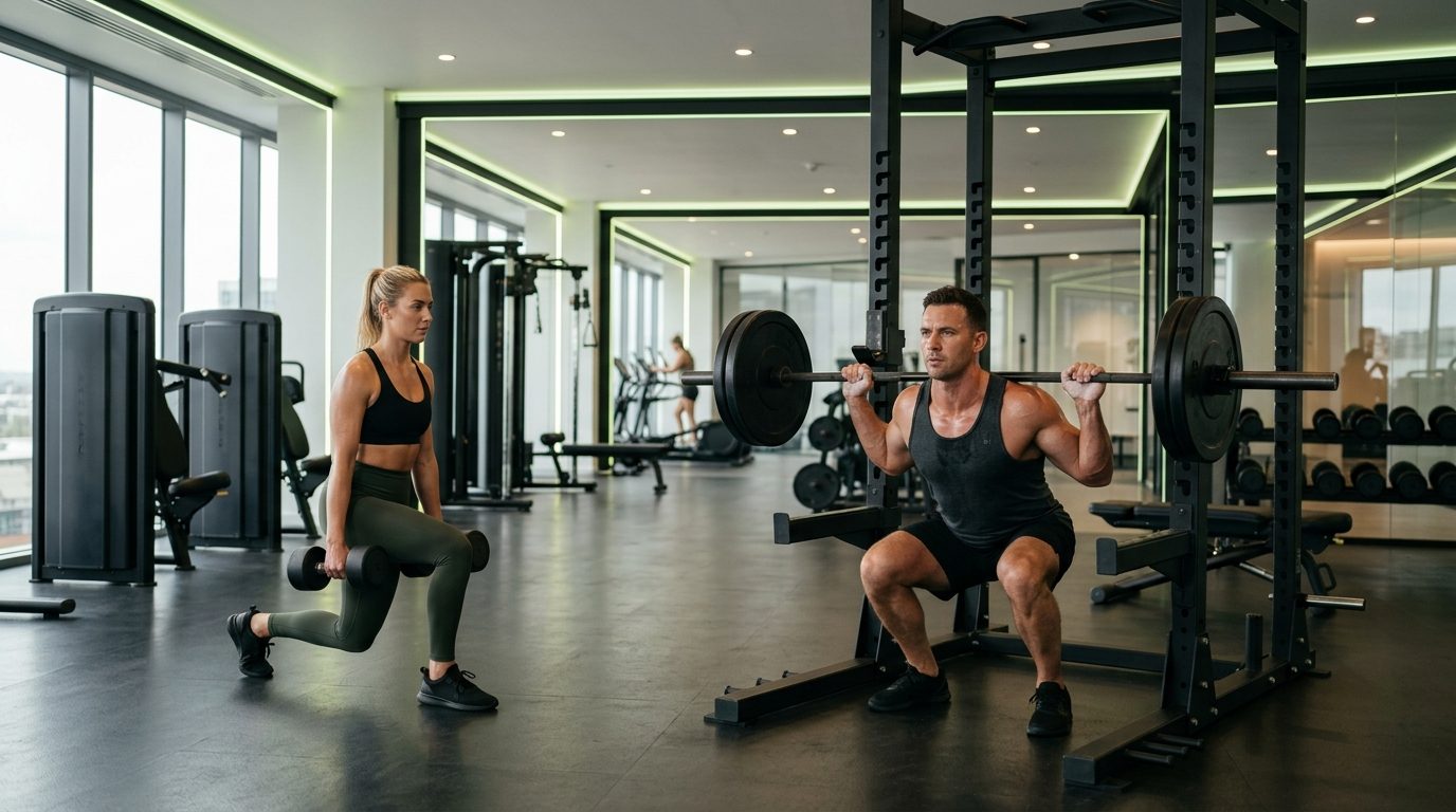 Aluna concentrada levantando halteres na área de musculação de uma academia