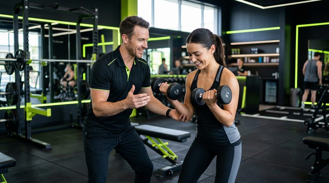 Personal trainer orientando um aluno durante o exercício