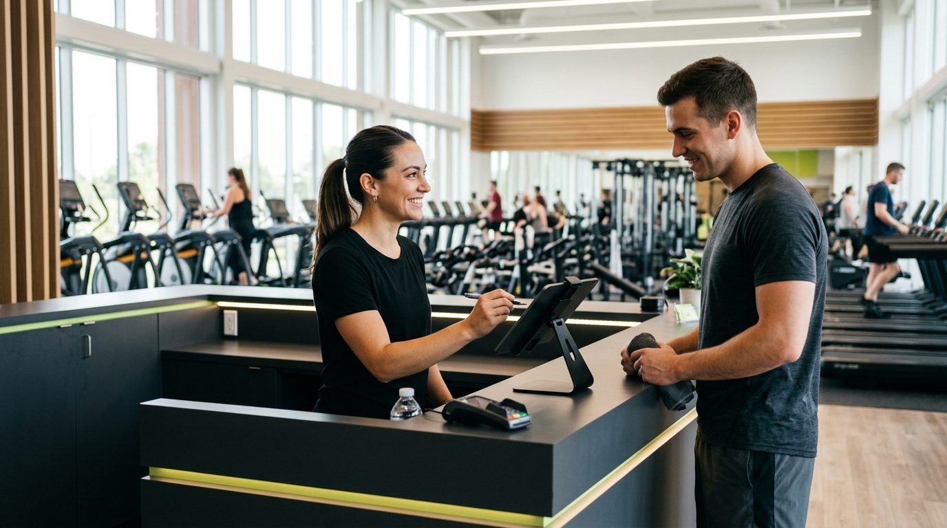 Recepcionista da academia atendendo um aluno no balcão